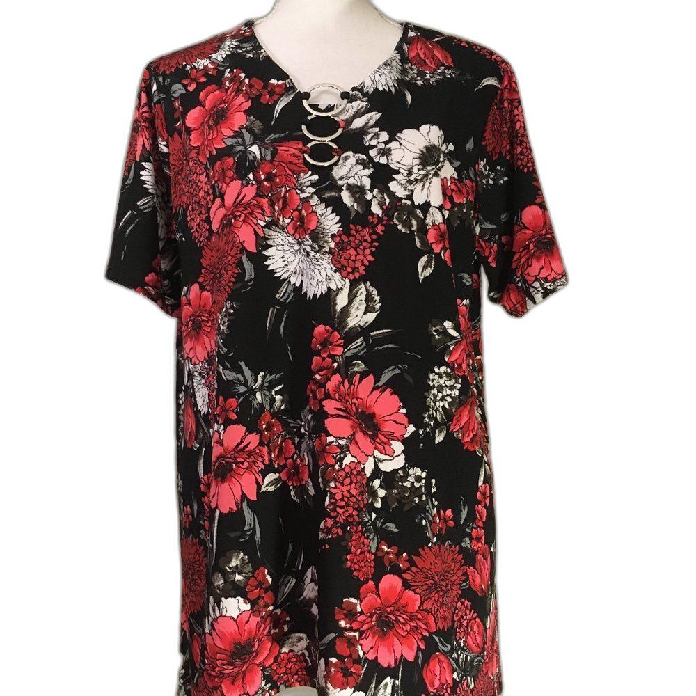 Asymmetrical Tunic Blouse Short Sleeve Multi-Color Floral Women's Small